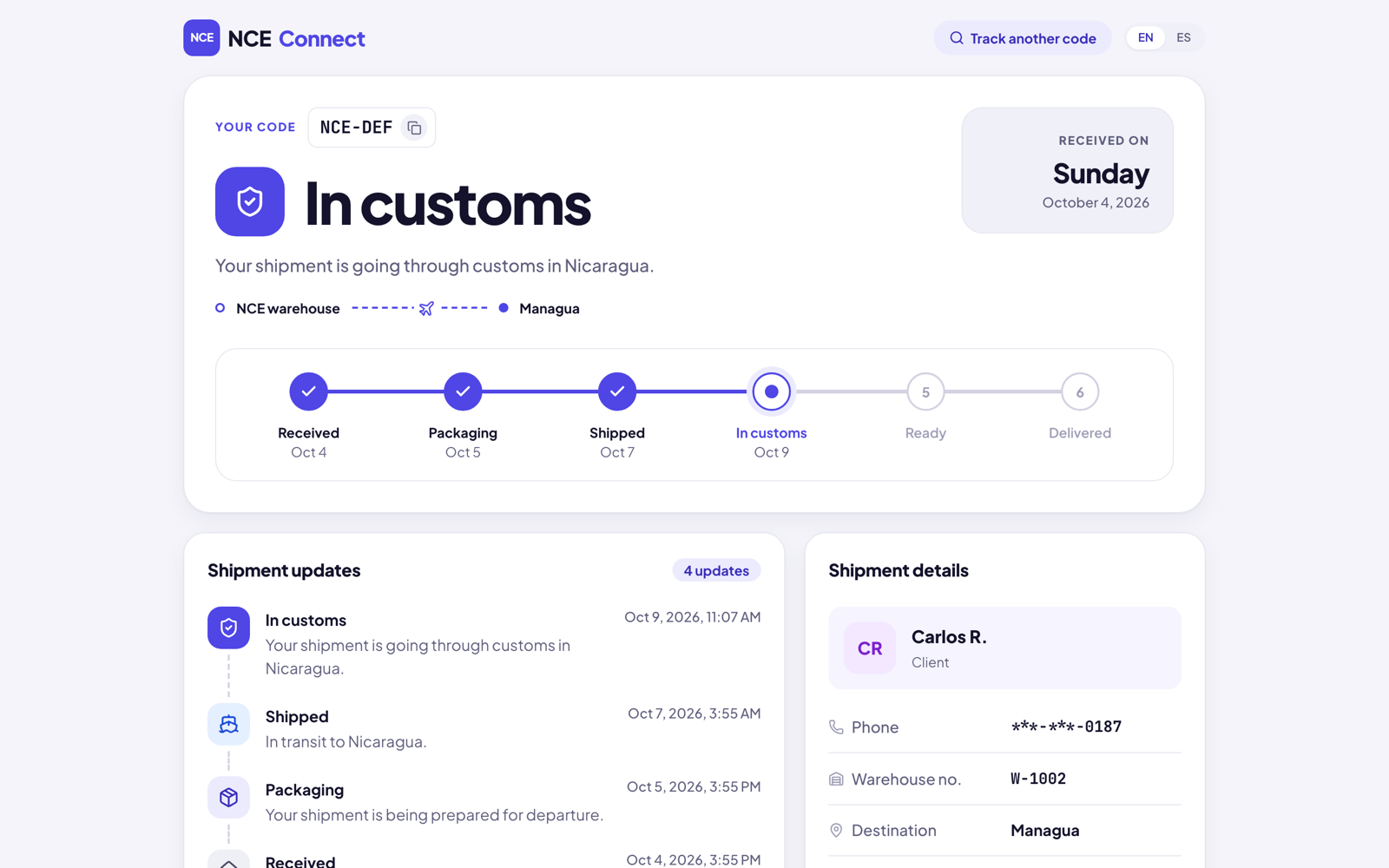 An NCE Connect tracking page showing a shipment in customs, its six-step timeline, and the update history.