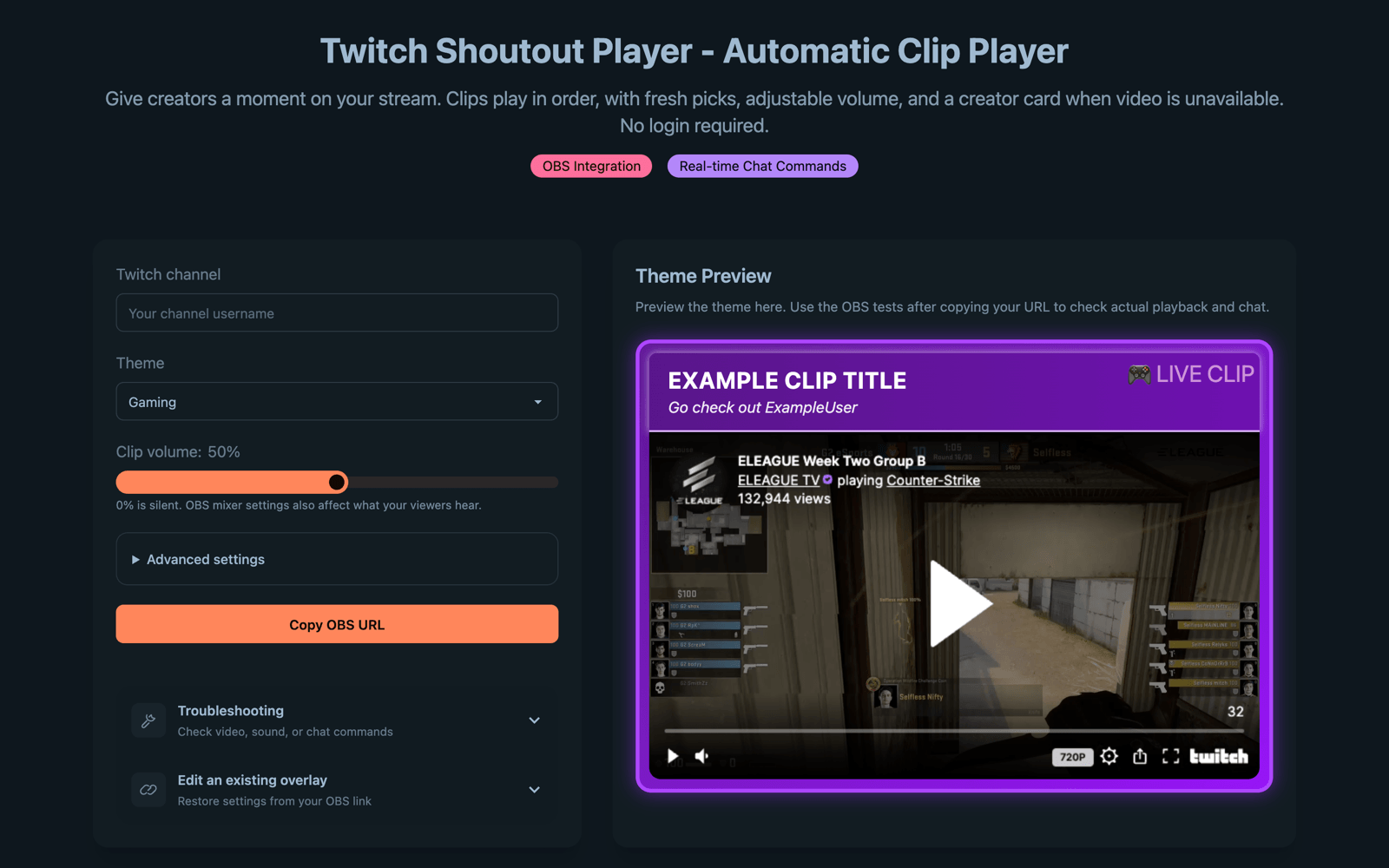 The ShoutOWT setup page with channel, theme, and volume settings next to a live preview of a clip in the Gaming theme.